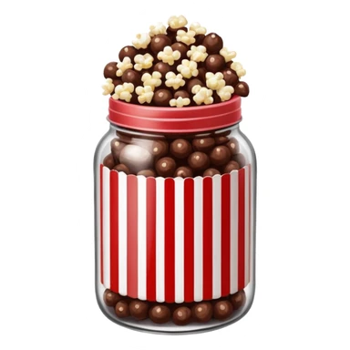 Chocolate popcorn in a jar with red and white vertical lines sticker