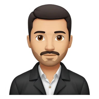 Attractive Hispanic TV host in his mid to late 40s with light brown skin, short straight black hair with pronounced fade haircut, stubble/scruff facial hair instead of full beard, square handsome face with strong jawline, friendly expression, wearing open black jacket with white buttoned shirt sticker