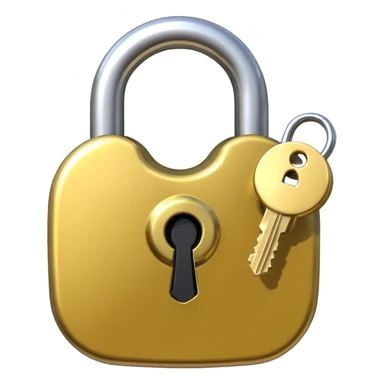 A shiny golden closed padlock with a silver key inserted into the keyhole, centered on a plain background. The lock is smooth and rounded, emoji-like style with clean lines sticker