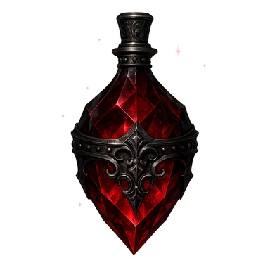 luxurious crystal elixir bottle, gothic and edgy style, dark red color, ornate black and silver details, sharp facets, magical glowing and sparkling effects, very small neck, seamless bottom, transparent background, bottle clearly floating in air, no base or shadow, modern, collection style sticker