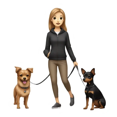 A light brown haired girl, walking one small black and tan miniature Pinscher and one big light brown Spitz on the lead sticker