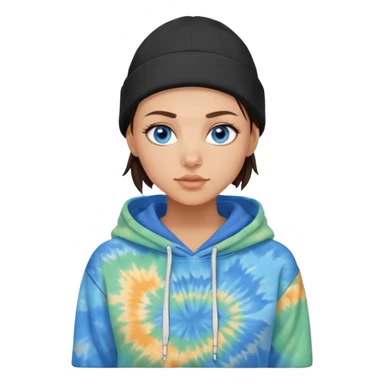 shaved haired brunette girl with a black beanie on and a tiedye hoodie. she has blue eyes sticker