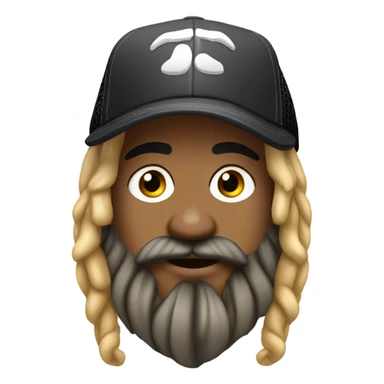 Guy with  blonde and black dreadlocks tied behind head, , with beard and mustache, a trucker hat, septum ring sticker