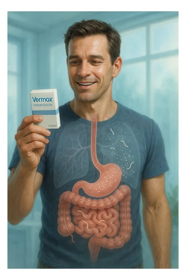 A realistic, cinematic illustration of a man in his late 30s holding a small white box of ‘Vermox’ (mebendazole) in one hand, with a relieved and hopeful expression on his face. Behind him, a semi-transparent overlay shows his digestive tract where small, symbolic worm-like parasites are dissolving and disappearing, indicating the medication’s effect. The environment is clean and bright, with a medical yet hopeful tone, conveying the concept of effective parasite removal. Subtle blue and green tones symbolize cleansing and health restoration, while the man appears energized and ready to reclaim his well-being sticker