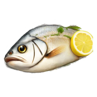Realistic plated grilled fish on plate with lemon sticker