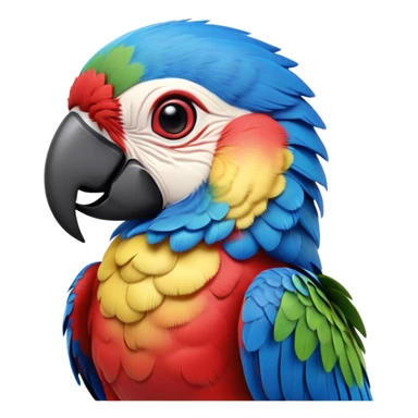 Cinematic Realistic Cute Macaw Portrait Emoji, Head tilted playfully and inquisitively, featuring a compact, lively build with intricately detailed, vivid scarlet and blue feathers and a charming, expressive face with round, sparkling eyes full of tropical wonder, rendered with realistic texture and vibrant natural hues, high shine, affectionate and spirited, styled with a touch of whimsical rainforest charm, soft glowing outline, capturing the essence of a mischievous yet lovable macaw that seems poised to flutter playfully into your arms! sticker