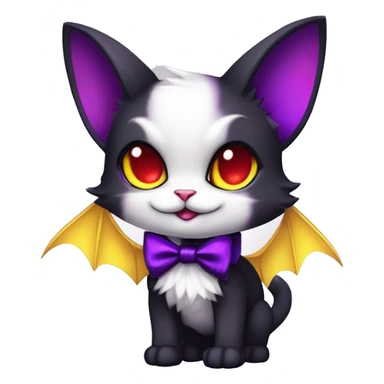 Cute-Evil-Vampiric-Batty-Cat-Black-Purple-Red-Yellow-Contrast-Colors-Fantasy-Fur-Sona-Chibi-Shiny-Fakémon-Hybrid with horns and big fangs neck bow white tie leg spats full body sticker
