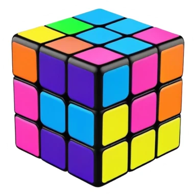 A 3x3 Rubik's Cube with fluorescent colors: glowing green, radiant pink, brilliant blue, luminous yellow, vivid orange, intense purple, minimalist iOS emoji style sticker