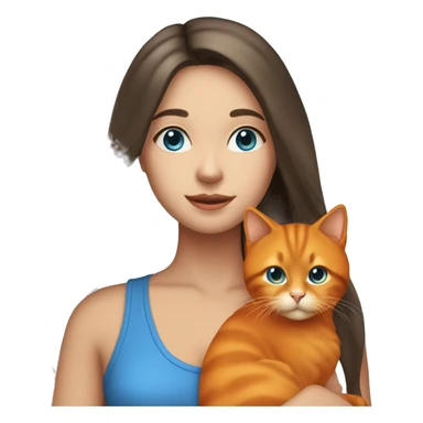long hair brunette girl with blue eyes holding an orange cat sticker
