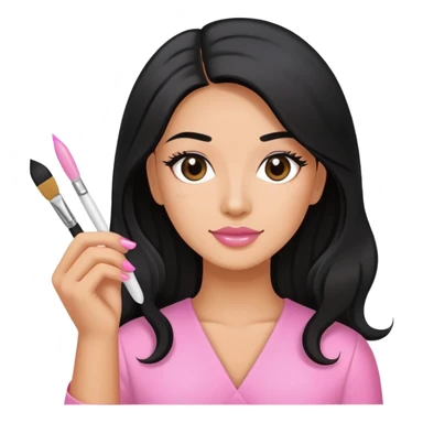 Pink Nail Tech with black long hair holding small acrylic brush sticker