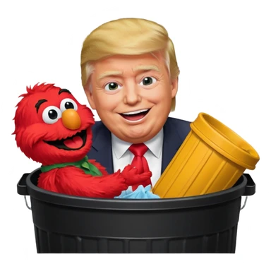 trump laughing while stuffing elmo in trash can sticker