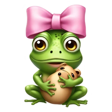 Frog wearing pink bow on head while holding teddybear in his hands sticker