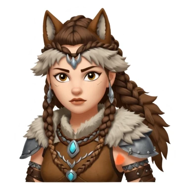 barbarian woman wolf rider portrait, head and shoulders only, fierce female warrior, fur-lined barbarian armor collar, wolf fur details, wild braided hair, intense eyes, tribal warrior vibe, fantasy style, 3D cartoon, mobile game icon style, clean background, no text, no watermark
 sticker