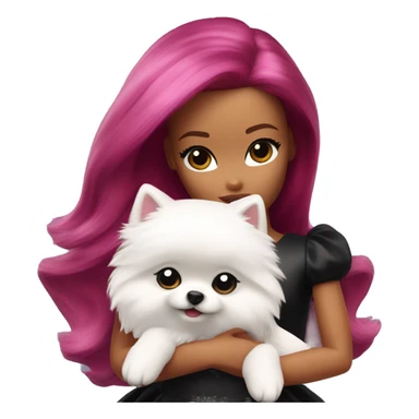 Barbie with burgundy color hair hugging white small Pomeranian with black ears close up sticker