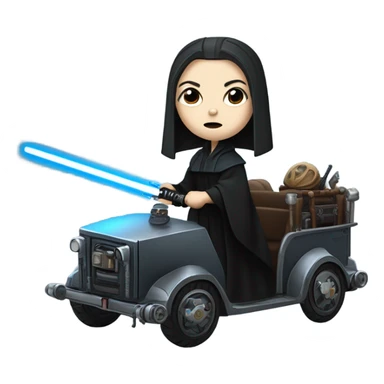 Wednesday Addams Jedi bounty hunter driving a modern blue and pewter steampunk electric wagon sticker