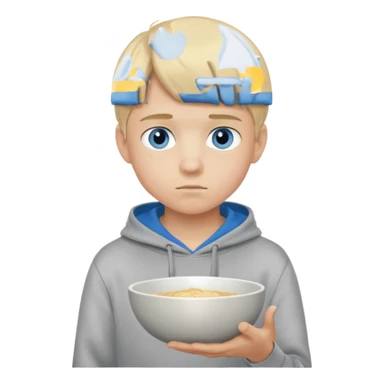 Teen boy with blue eyes and Grey hoodie standing up with blond short bowl cut sticker