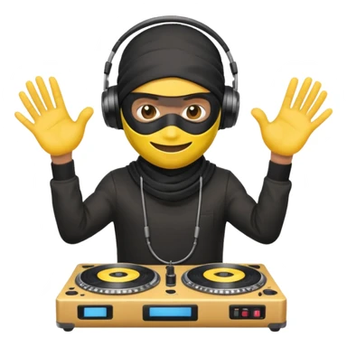 Make a customized yellow head emoji with hands and holding a dj turn table  in a  ninja face mask sticker