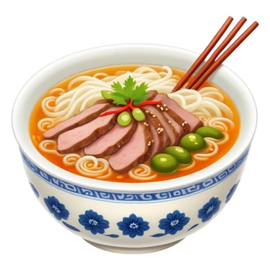 Guilin rice noodles with pickles and meat in soup, simplified emoji style with bold outlines and bright colors, cartoon style Guangxi specialty Mi Fen sticker