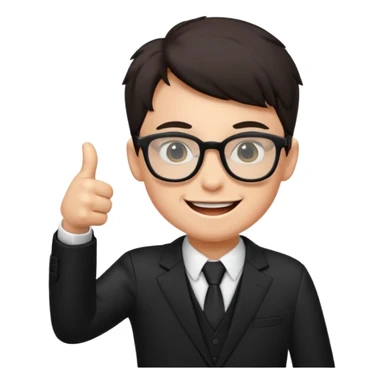 un estudiante con terno negro que este parado con sus lentes guiñando el ojo y CON LAS MANOS HACIA ARRIBA DANDO LIKE sticker