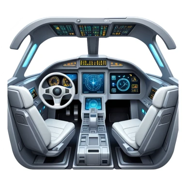 spaceship cockpit interior view with dashboard and stars visible through window sticker