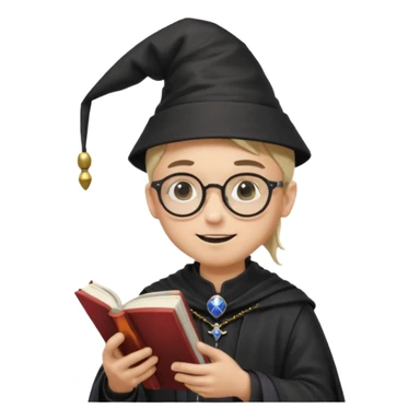 ["A happy boy with light skin, ponytail, wearing a wizard hat and square glasses, dressed in goth fashion, is reading a book while holding a phone."] sticker