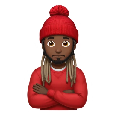 apple man crossing arms emoji but the guy is black instead of yellow and the guy has dreads with a beanie and the beanie is red with no brim sticker