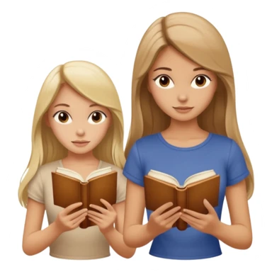 two beautiful girls in beige tops reading a beautiful vintage book. one is brown-haired, the other is blonde. both have long hair with sticker