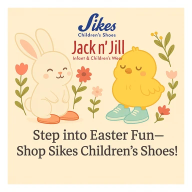 Reduce the size of the Sikes Children's Shoes logo so it is smaller and less dominant in the design. Keep the pastel background, bunny and chick with shoes, floral accents, and the headline: 'Step into Easter Fun—Shop Sikes Children’s Shoes!'. Logo should remain in the same position, just smaller. sticker