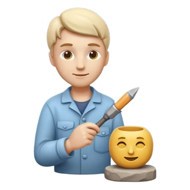 Apple Memoji-style 3D emoji of a sculptor with a small statue and chisel, smooth gradients, rounded edges, no background.during sculpting rock sticker