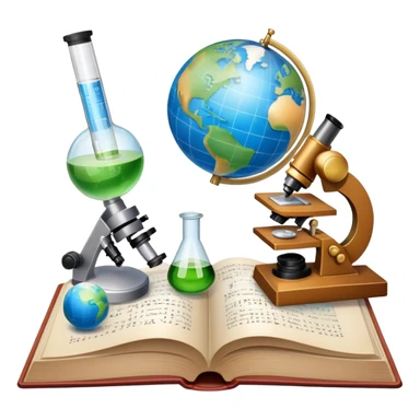 Icon for Scientific and Educational Reading: an open book with mathematical formulas, a microscope, a test tube, and a globe. The icon should represent the curiosity and knowledge found in scientific and academic books. Transparent background. sticker