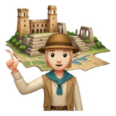 Icon for Documentary Film (TV style): A traveler pointing backward and narrating in front of ancient ruins. Include elements like historical landmarks, maps, and exploration tools to evoke a sense of adventure. Transparent background. sticker