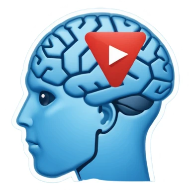 Minimalist flat icon design, brain silhouette with YouTube play button triangle integrated inside, clean vector style, single color or gradient, simple lines, professional logo style, white background, centered composition sticker