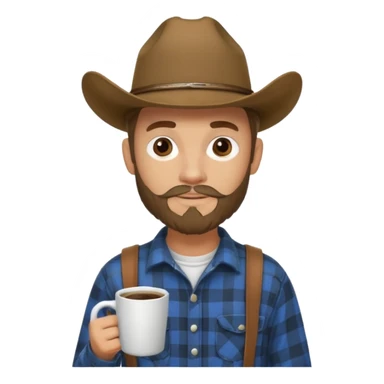 generate an ios genmoji of a 20 year old tan boy with a cowboy hat and mutton chop beard. Wearing a flannel and carrying a coffee mug sticker