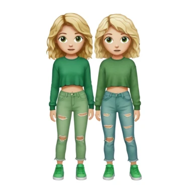 Two girls, both white, one with short wavy blonde hair and green eyes, dressed in punk Y2K fashion and the other with long wavy brown hair, brown eyes, freckles; and cozy green clothes  sticker