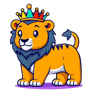 A majestic lion king with a crown facing a colorful dinosaur sticker