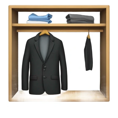 Design an emoji-style icon of an open wardrobe with clothes hanging inside. Include details like a wooden frame, hangers, and black different clothing items such as shirts or any other clothing . Use a clean and minimalistic design. sticker