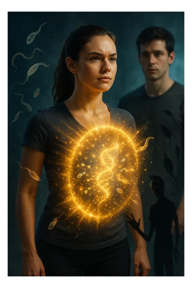 A hyper-realistic, cinematic image showing a young woman with a glowing, radiant aura symbolizing a very strong immune system. She stands confidently, surrounded by a dynamic shield of light particles and molecular energy swirling around her body, especially focused around her abdomen and chest. Against this luminous barrier, faint translucent representations of parasites—small worm-like and protozoan shapes—attempt to approach her but are visibly repelled or disintegrating upon contact with the shield. Nearby, a young man representing her boyfriend is shown with subtle, shadowy parasite silhouettes near him, some reaching toward her but unable to penetrate her immune defenses. The background is softly blurred to keep the focus on the energetic battle at the forefront, with cool blues and warm golds contrasting to symbolize health, vitality, and defense. The lighting is dramatic yet hopeful, with a cinematic 35mm film style emphasizing sharp detail on her determined face and the swirling protective energy. The overall tone conveys resilience, protection, and the unseen battle inside the body. sticker