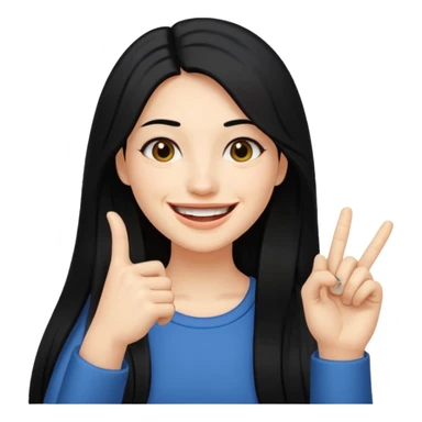 Haz una imagen de una mujer con cabello negro largo , con una sonrisa en su cara y la punta de su dedo indice entre sus dientes sticker