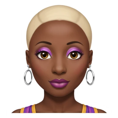 Grown black (proud) woman, bald with a perfect head, a prominent nose with a septum piercing, many piercings on her ears, a gap between her front teeth and very long nails (cynthia erivo) a proud lesbian, with long lashes and glam makeup sticker