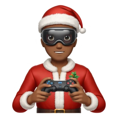 Homme photographe noir, week-end détente, équipé d’un appareil photo pro. Dans un décor Noël chaleureux, Père Noël à côté, sapin illuminé, lumières douces. L’homme porte un casque VR autour du cou ou sur la tête, et une manette PS 2025 dans la main libre. Ambiance festive, réaliste, couleurs nettes sticker