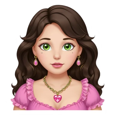 Girl girl with long wavy dark brown hair with middle part, green gold eyes, plus size, pink frilly top, right nostril gold nose ring, small pink heart crystal necklace  sticker
