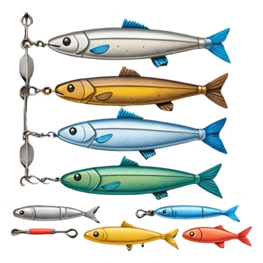 A metal lure set arranged on a wooden plank sticker