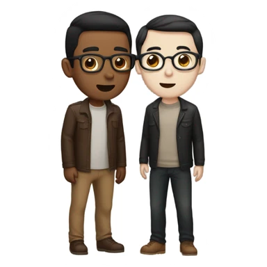 Two men kissing, one white skin with black hair, one brown with glasses sticker