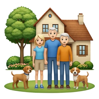 1 Father 1 Mother and 1 young boy who is half as tall as the parents, standing in front of their house with a dog next to them. Everyone should look VERY happy. There MUST be a house behind them with trees and plants sticker