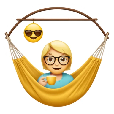 Créer un emoji stylisé et coloré représentant le week-end, joyeux et relaxant. L’emoji doit être rond, lumineux, avec un visage souriant ou des lunettes de soleil. Ajouter des éléments évoquant le repos ou le plaisir : café, hamac, soleil, musique, détente.  sticker
