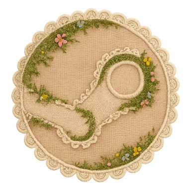 Cottagecore Steam logo: iconic circle and arm design crafted from embroidered fabric with lace trim, moss, and small flowers, gentle pastel palette, rustic and homey, no text sticker