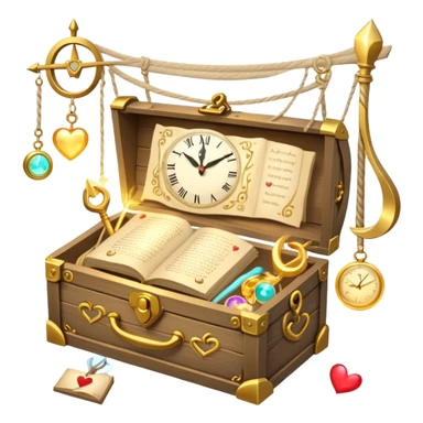 A glowing toolbox sits open, filled with five tiny symbols: a sunrise clock, a swirling scroll, three glowing orbs, a magic wand, and a heart-shaped hammock. Floating above is a soft spark, hinting at inner power. It’s not just a box—it’s a lifeline for clarity, ease, and joy. sticker