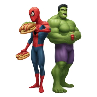Spiderman holding a hotdog with the hulk sticker