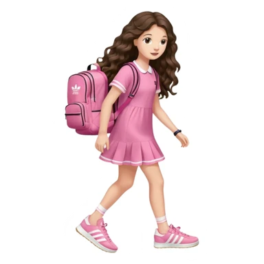 aestethic brunette very,very,very long wavy hair walking with a school backpack, with a cute pink dress, adidas samba shoes sticker
