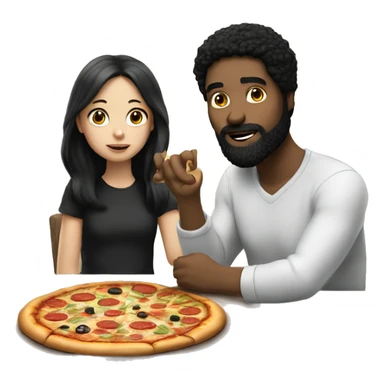 white man with black hair and beard sitting at a table eating pizza with small white girl with black hair sticker